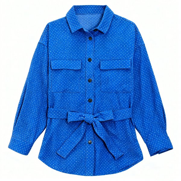Women's Royal Blue Belted Shirt with White Dot Print