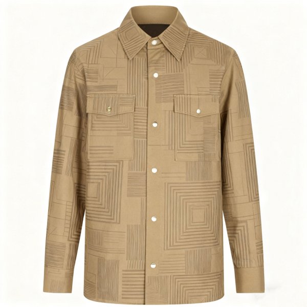 Men's Beige Long-Sleeve Shirt with All-Over Geometric Line Print