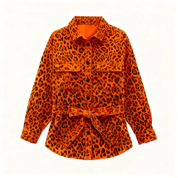 Women's Orange Belted Shirt with Leopard Print