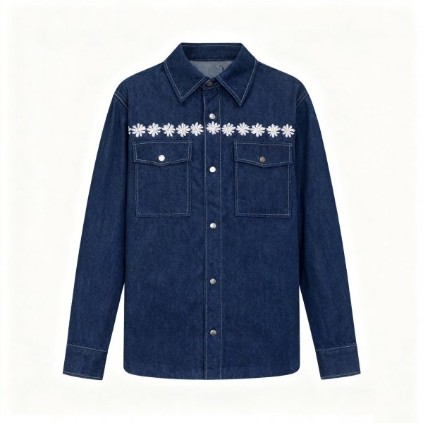 Men's Navy Denim Long-Sleeve Shirt with White Daisy Embroidery