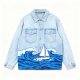 Women's Light Blue Denim Jacket with Wave & Sailboat Print