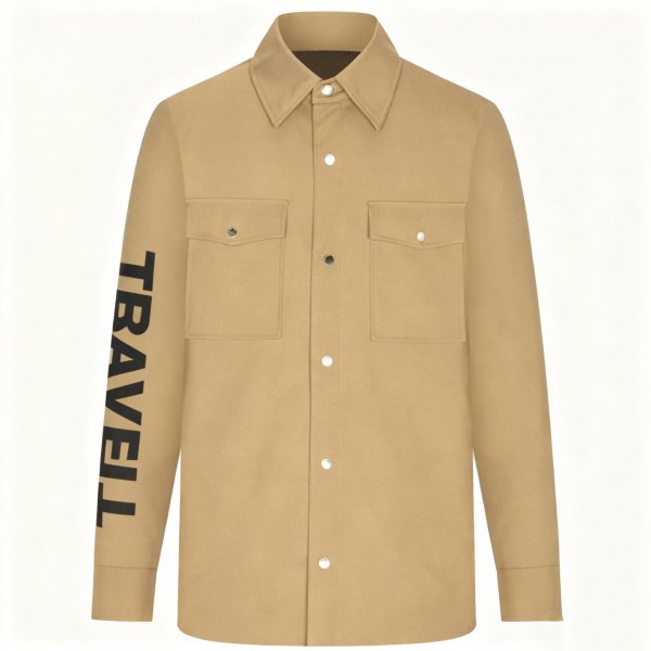 Men's Beige Long-Sleeve Shirt with "TRAVEL" Sleeve Letter Print
