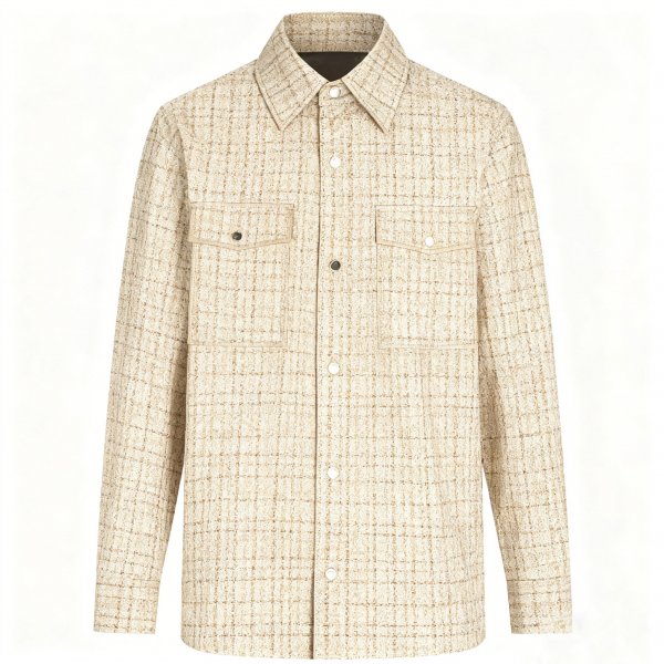 Men's Beige Long-Sleeve Shirt with Textured Check Print