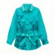 Women's Teal Belted Shirt with Tropical Leaf Print