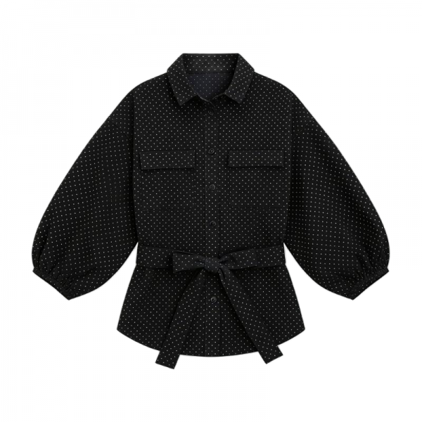 Black & White Polka Dot Puff-Sleeve Belted Shirt