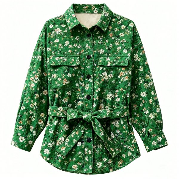 Women's Green Belted Shirt with Ditsy Floral Print