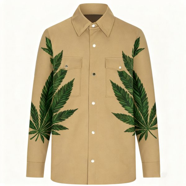 Men's Beige Long-Sleeve Shirt with Green Leaf Print