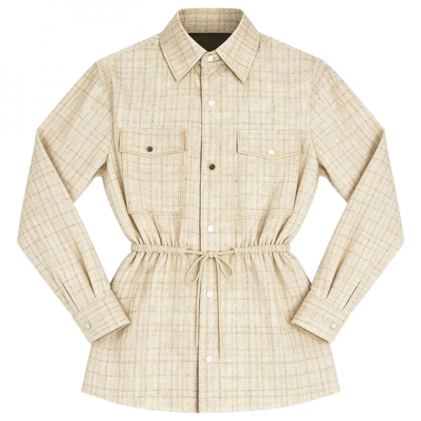 Beige Tweed Plaid Drawstring Shirt
